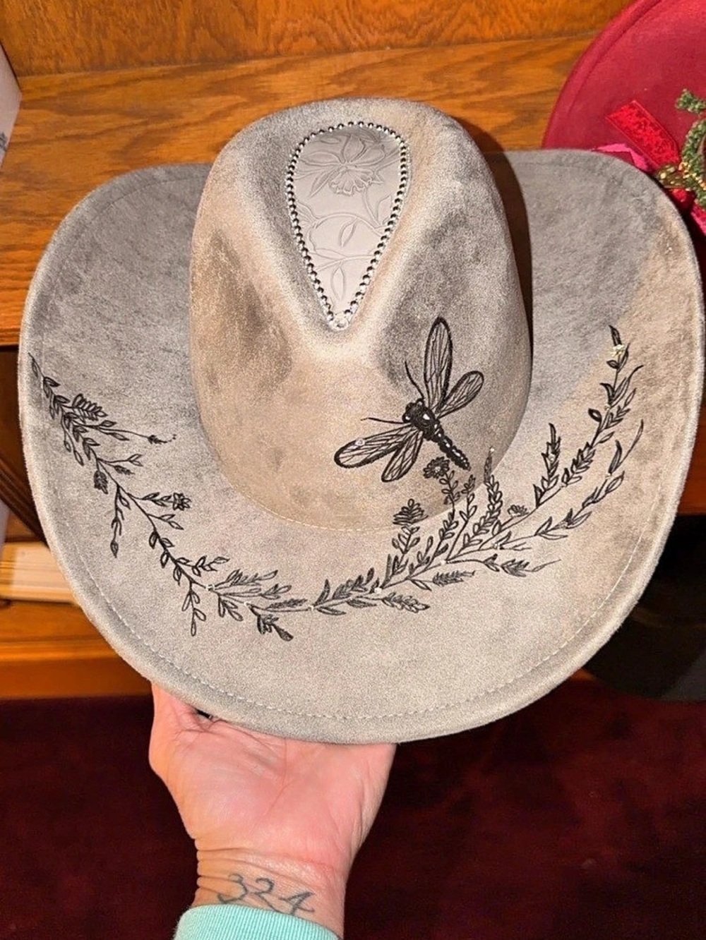Handburned dragonfly grey vegan suede curved brim Cowboy hat